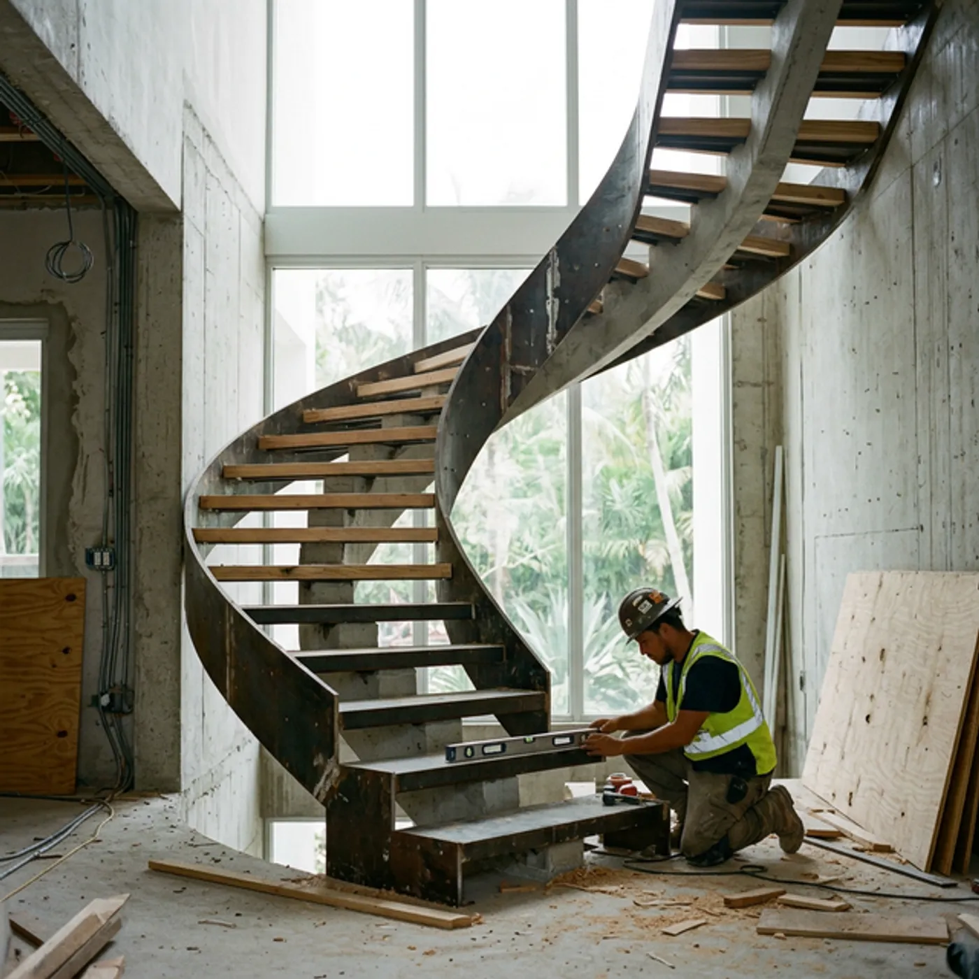 Curved cantilevered staircase under construction in a modern Miami home
