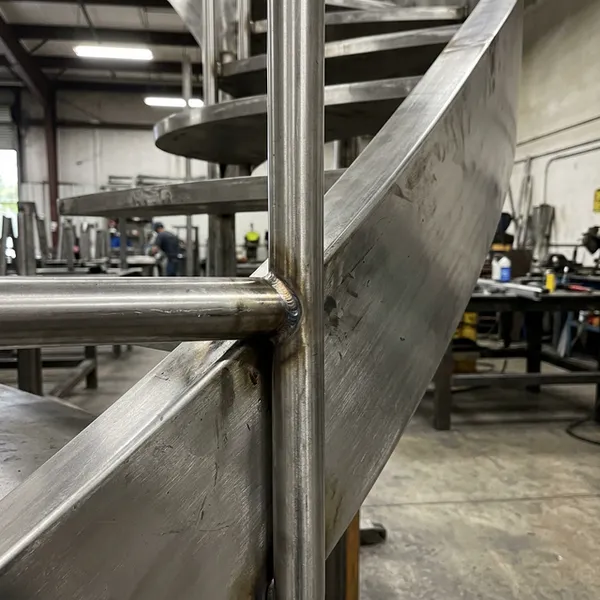 Precision metalwork detail on curved cantilevered staircase in Miami workshop