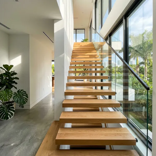 Completed custom floating staircase with hidden supports in a Miami home