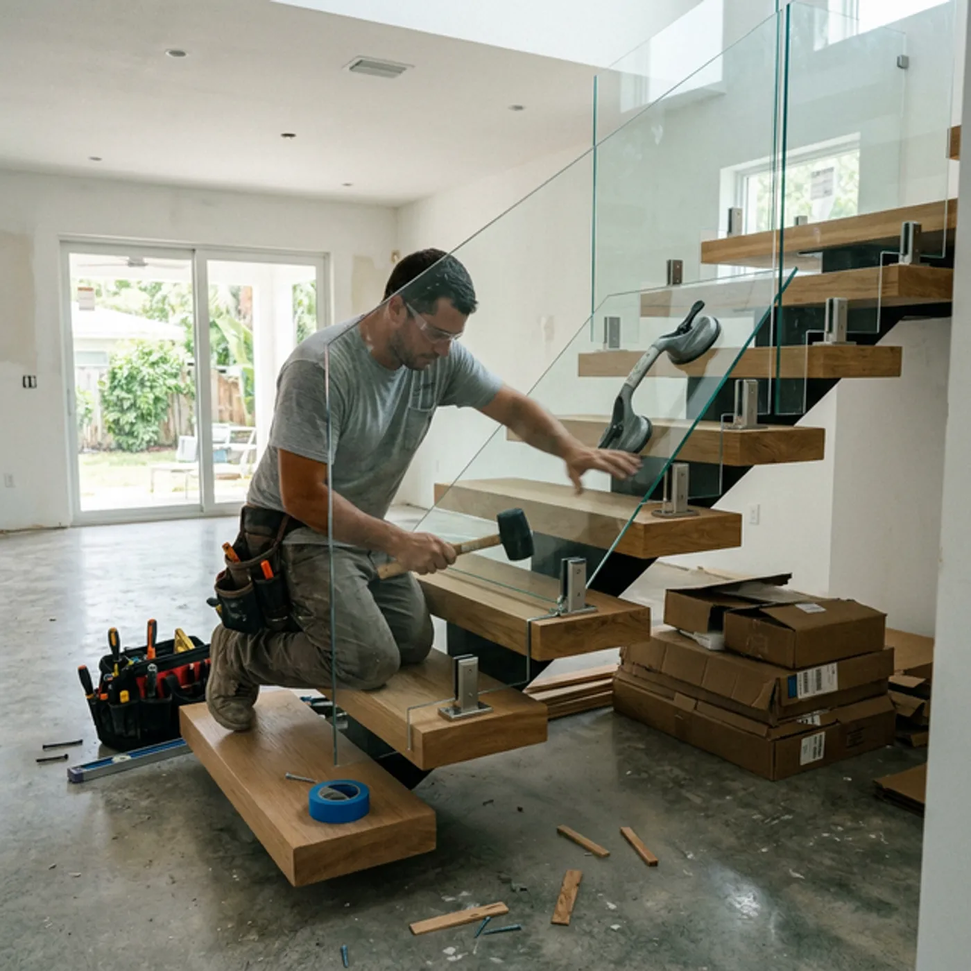 Custom floating stair installation in progress in a Miami home