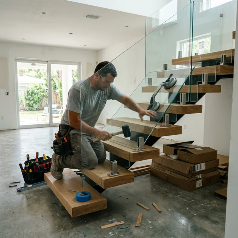 Floating staircase installation in progress in a Miami home