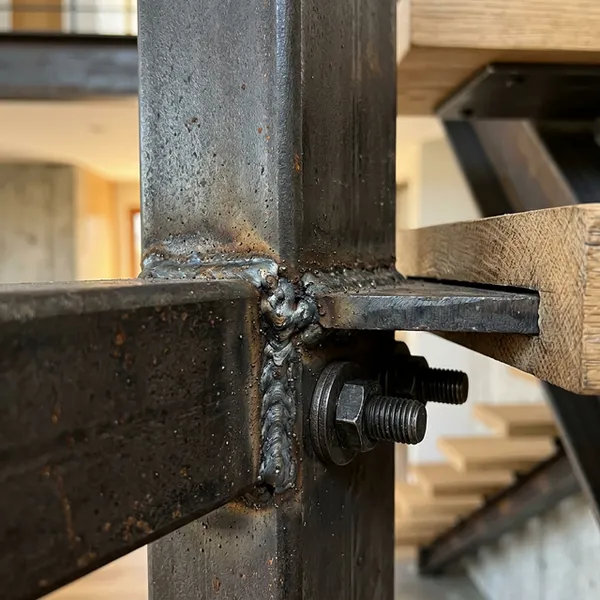 Close-up of welded steel connection point on a floating stair tread
