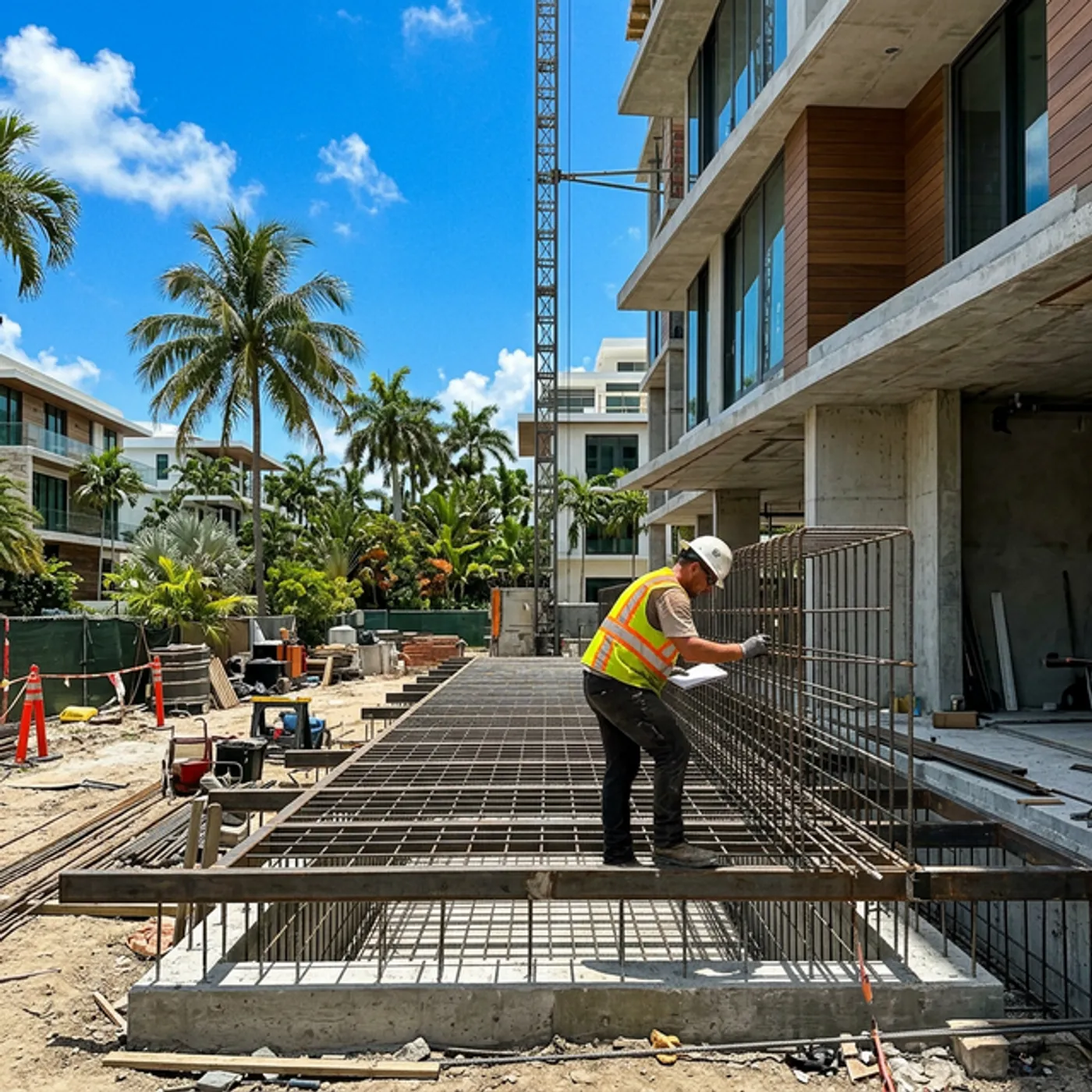 Exterior floating entryway under construction at a Miami luxury home
