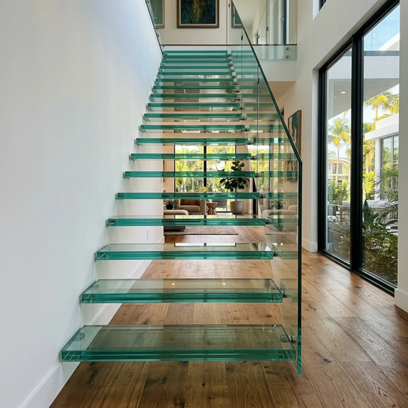 Glass tread cantilevered staircase under construction in a Miami home