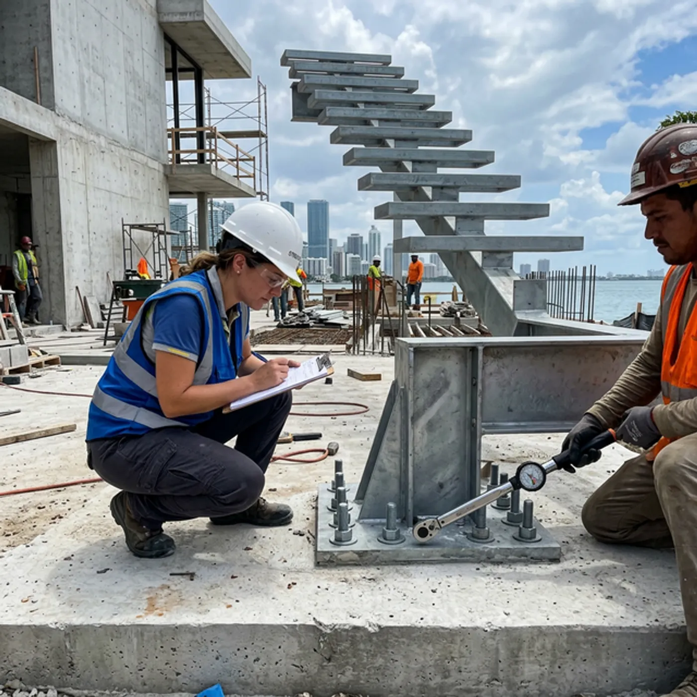 Structural engineer inspecting anchor bolts for hurricane-rated floating stairs in Miami