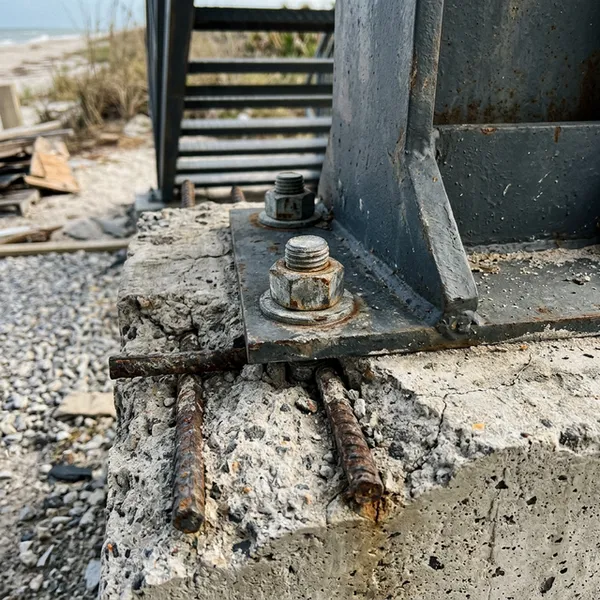 Macro shot of concrete foundation anchor points for hurricane-resistant stairs