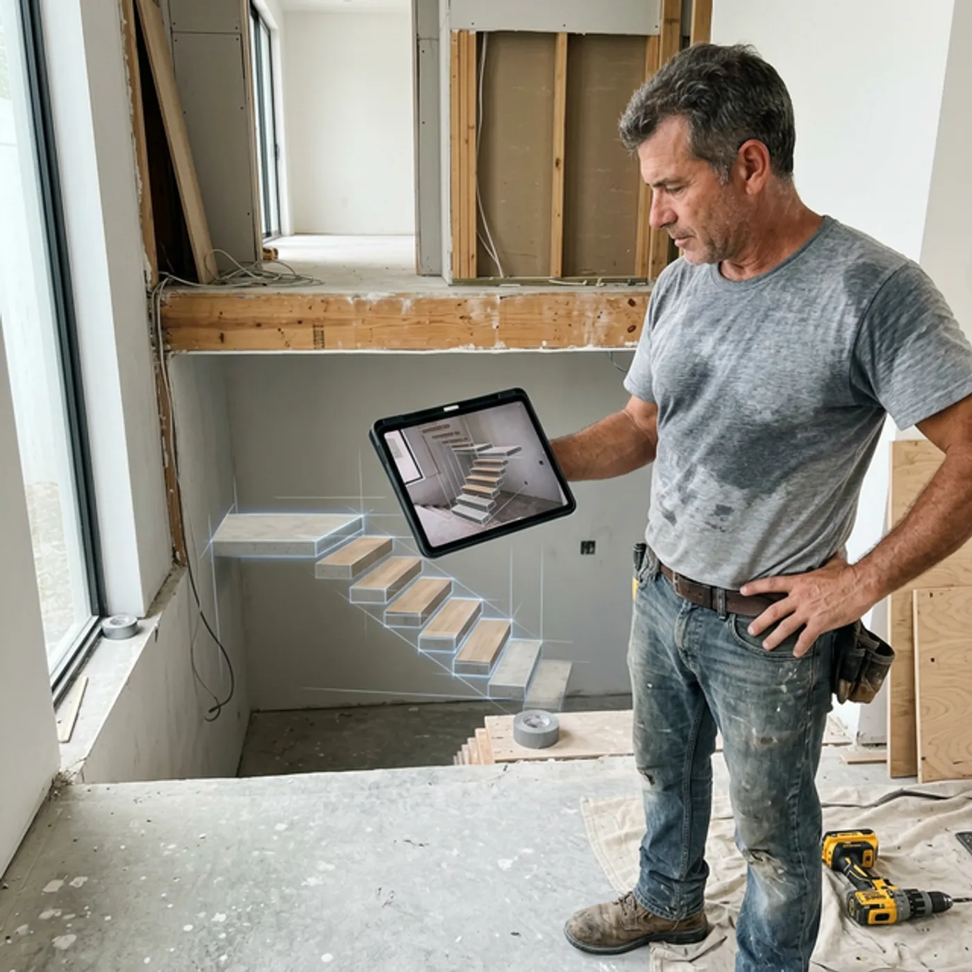 Contractor holding a tablet with AR overlay of floating stairs in a Miami home