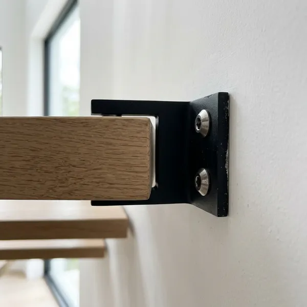 Macro detail of floating stair tread wall bracket connection showing precision mounting hardware