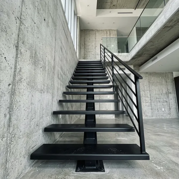 Completed matte black industrial steel floating staircase in a Miami loft