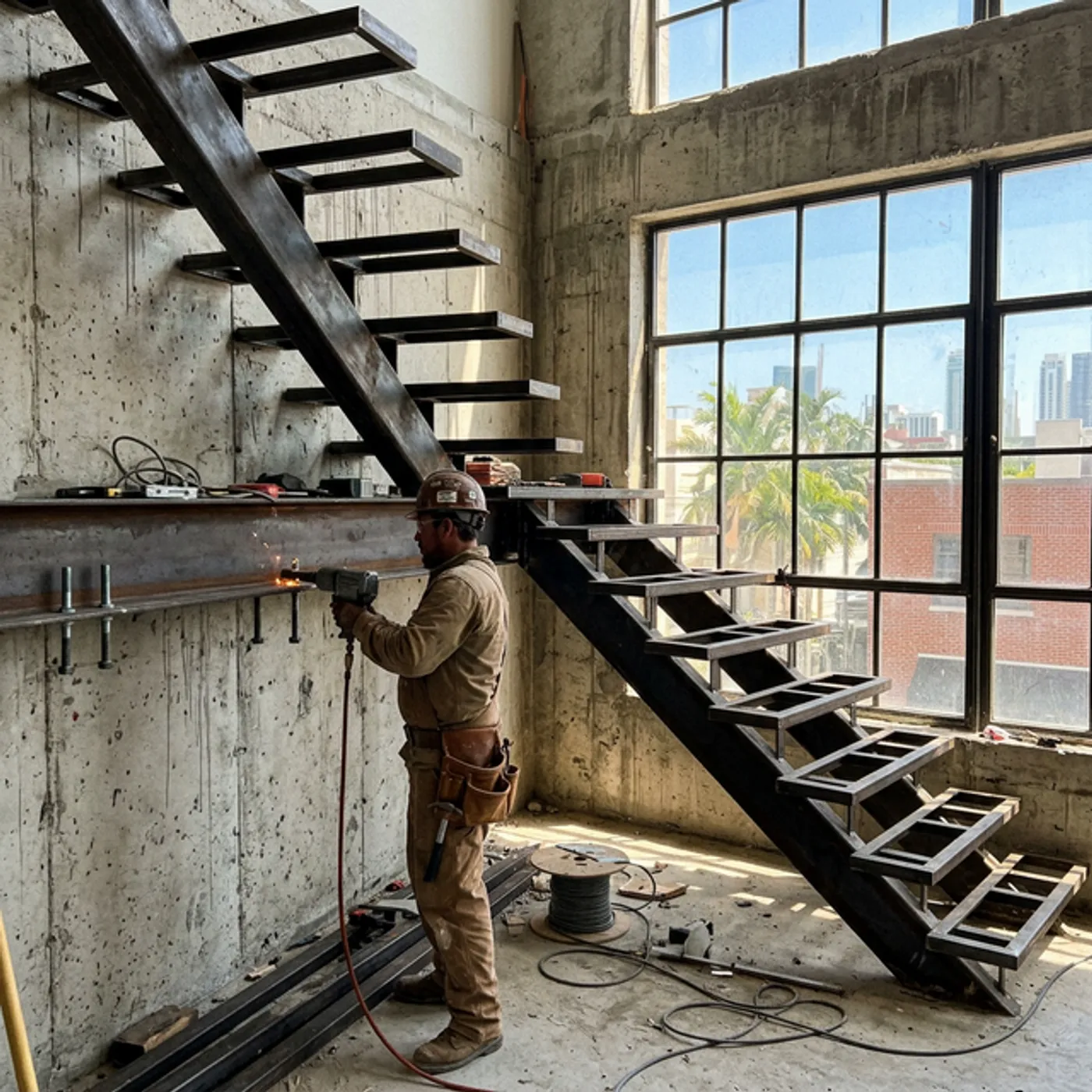 Industrial steel beam floating stairs being mounted in a Miami loft