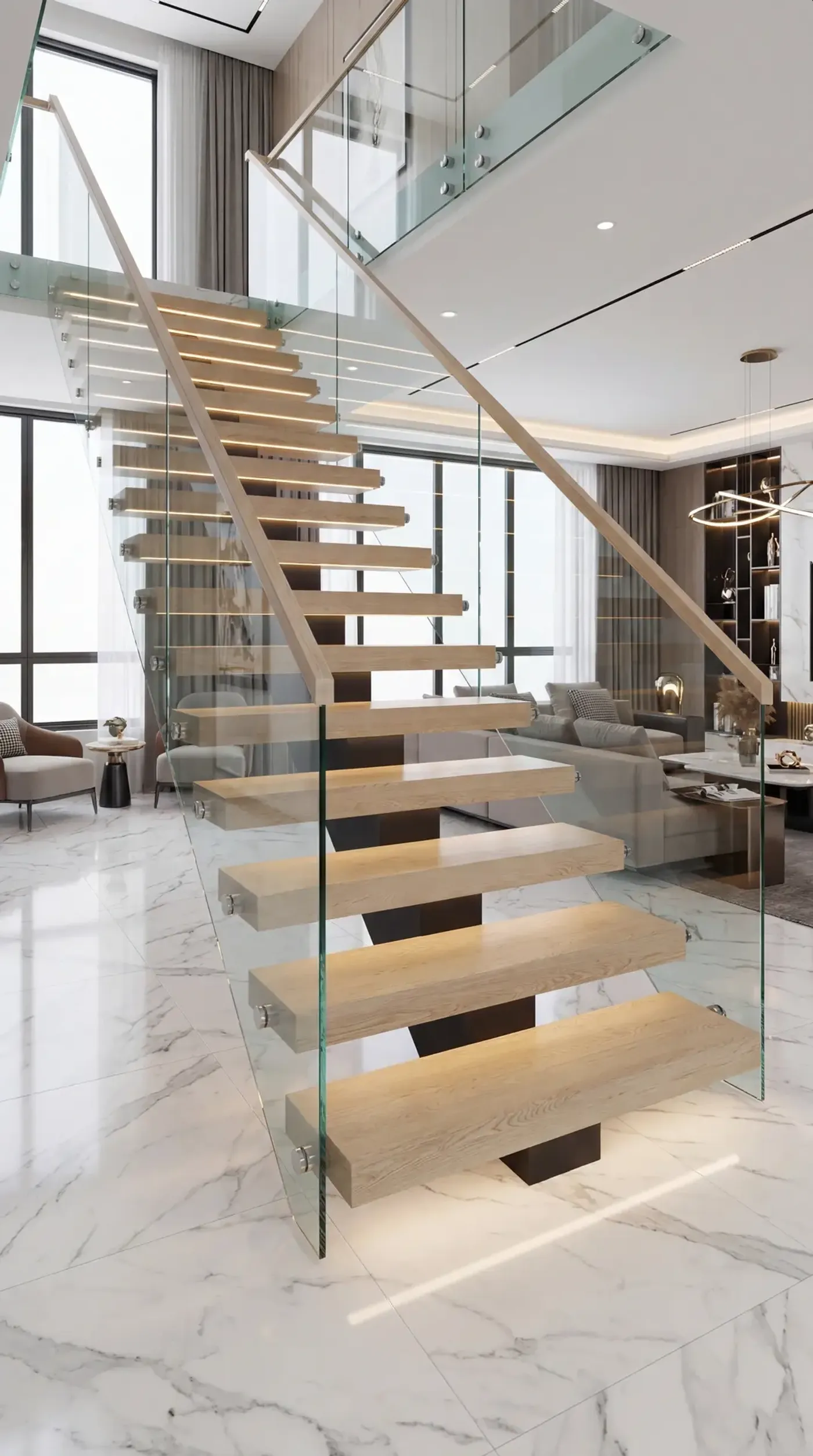 Glass tread cantilevered staircase under construction in a Miami home