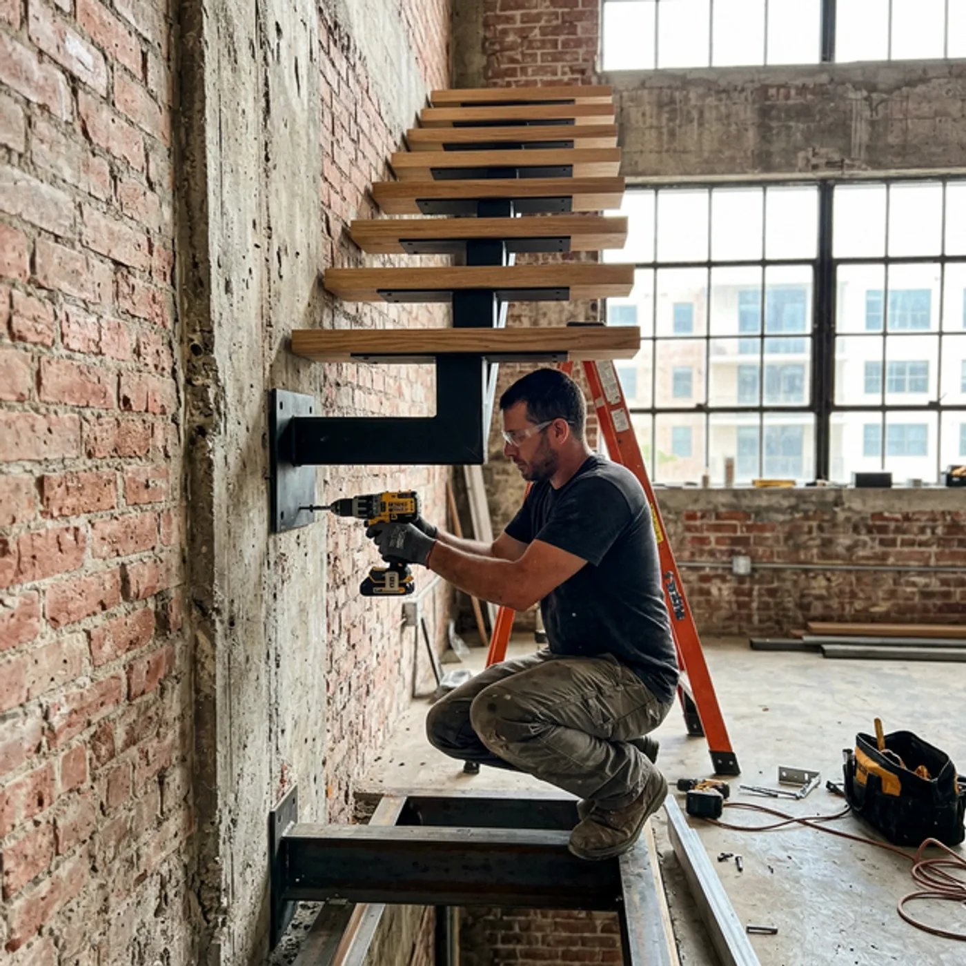 Floating stair retrofit installation in an industrial Miami loft