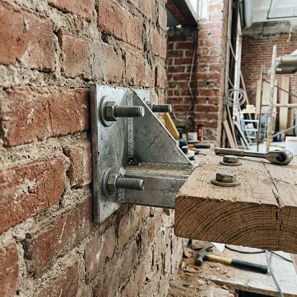 Anchor bolt detail securing floating stairs to brick wall in a Miami loft conversion