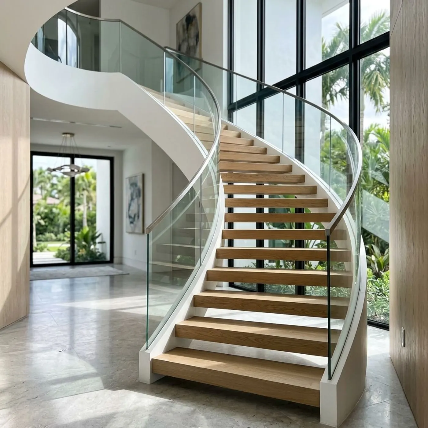 Curved cantilevered staircase under construction in a modern Miami home