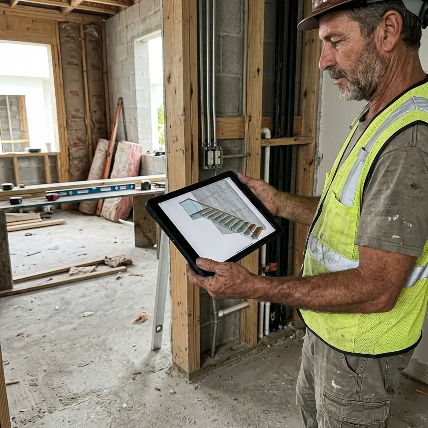 Contractor holding a tablet with AR overlay of floating stairs in a Miami home