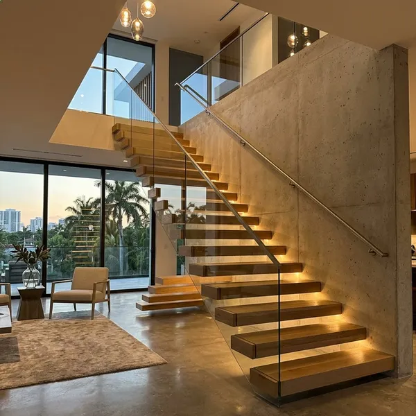 Completed luxury floating staircase with LED accents in a Miami home