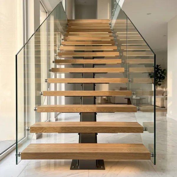 Macro detail of glass edge polishing on a cantilevered stair tread showing the steel anchor point