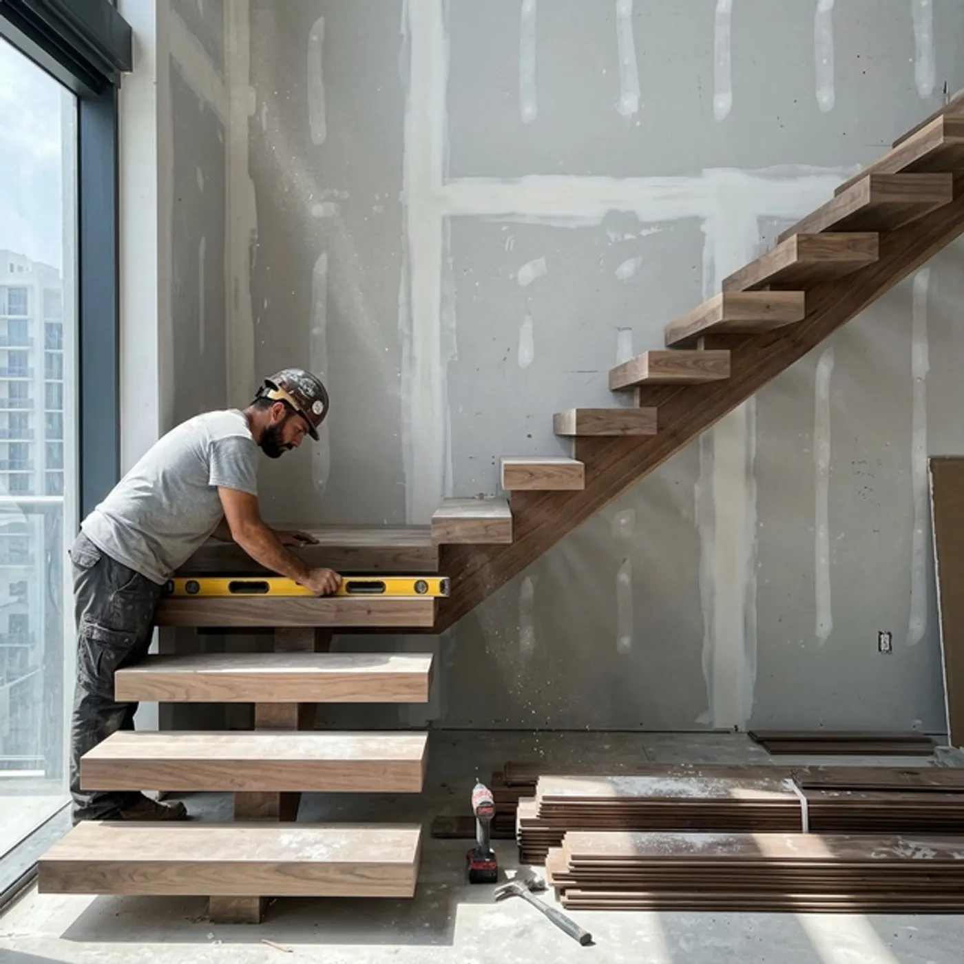 Premium hardwood floating stairs being installed in a Miami condo