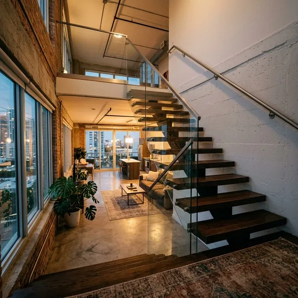 Completed floating stair retrofit in a converted Miami loft with city views