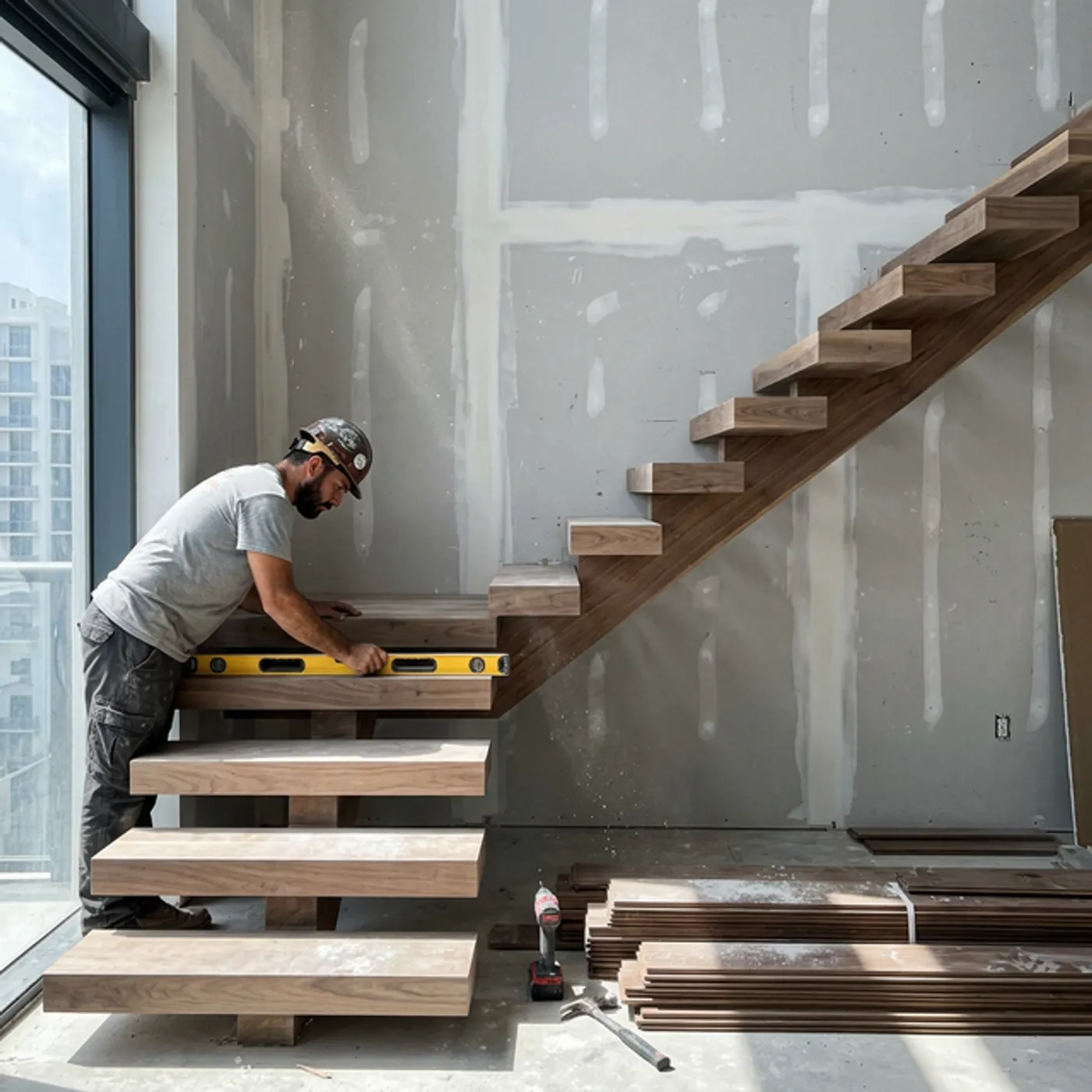 Premium hardwood floating stairs being installed in a Miami condo