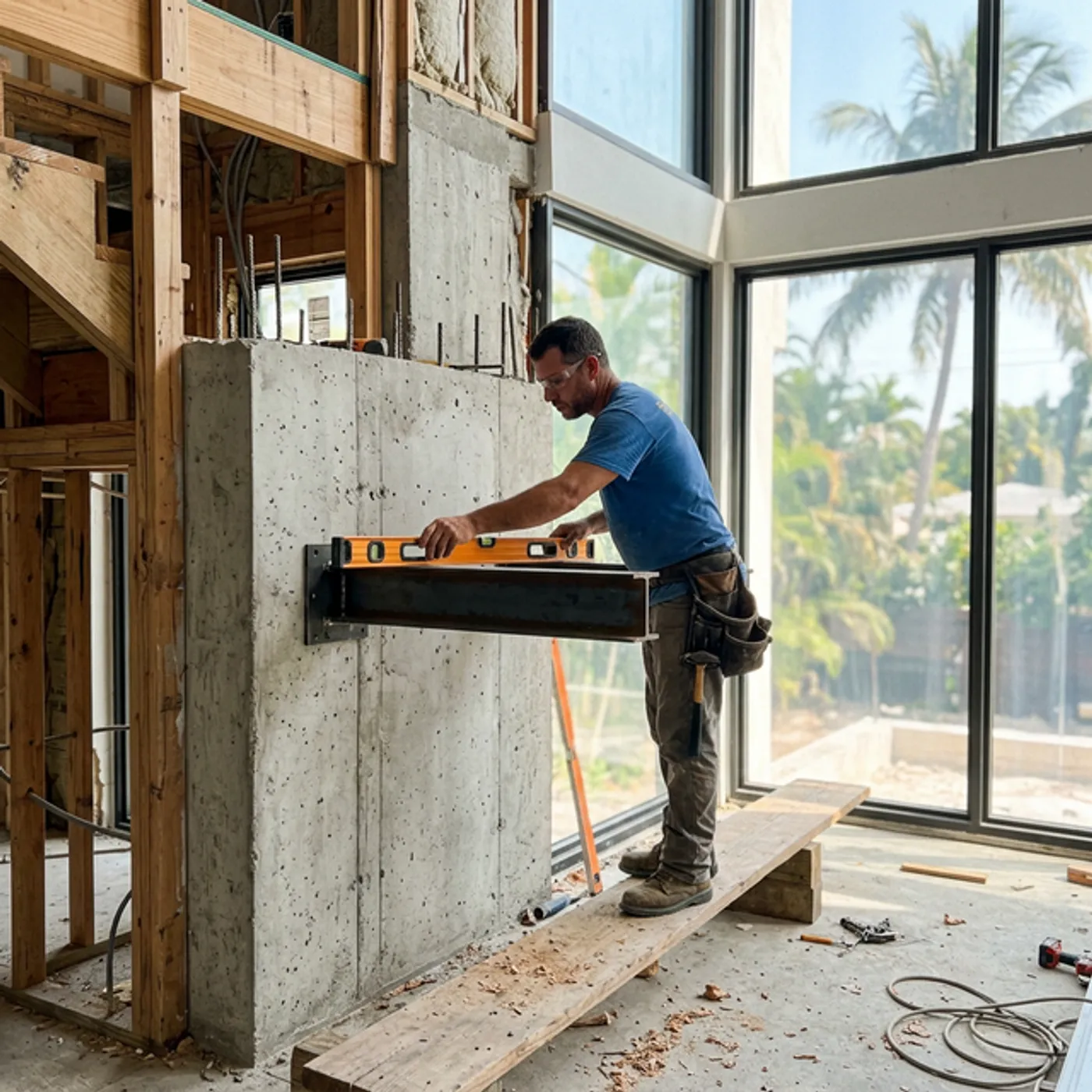 Carpenter leveling a steel mounting bracket for floating stairs in a Miami home